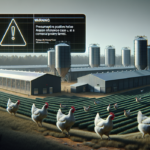 alt_text: "Chicken in a coop surrounded by biohazard symbols, warning of bird flu risks."