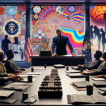 alt_text: City street corner with psychedelic posters and a news van, highlighting changing policies.