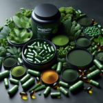 alt_text: Bottles of herbal supplements surrounded by fresh green leaves on a wooden table.