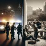 alt_text: Illustration depicting politics and policing intersecting with mental health 911 calls.